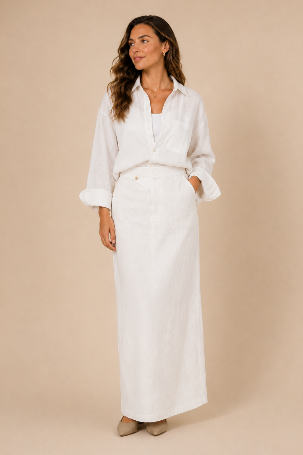 Conjunto Algodão e Linho Premium Camisa Oversized E Saia Maxi Leonor