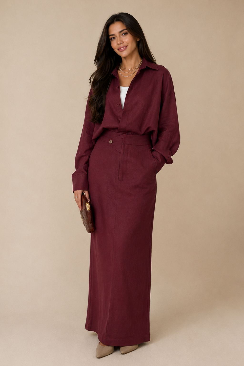 Conjunto Algodão e Linho Premium Camisa Oversized E Saia Maxi Leonor