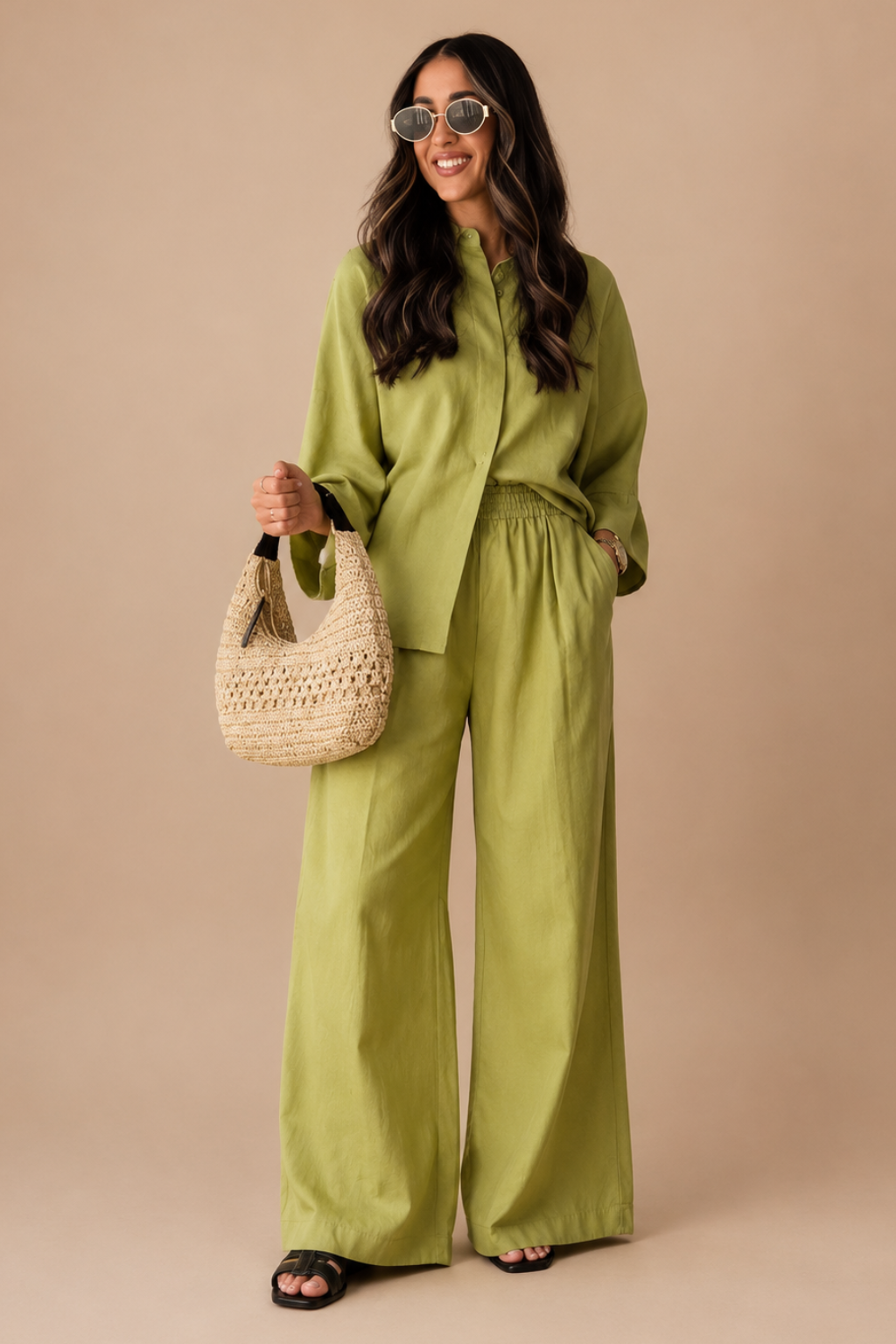 Conjunto Alfaiataria Camisa Manga Alongada e Calça Wide Leg Soft Valen