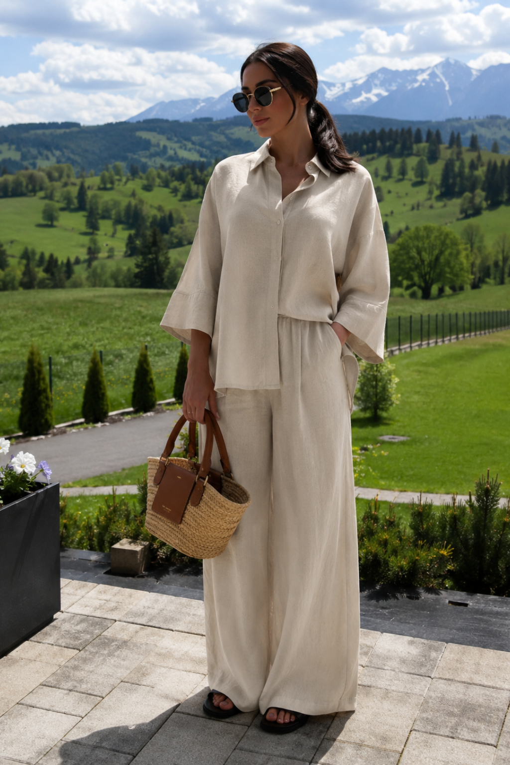 Conjunto Alfaiataria Camisa Manga Alongada e Calça Wide Leg Soft Valen