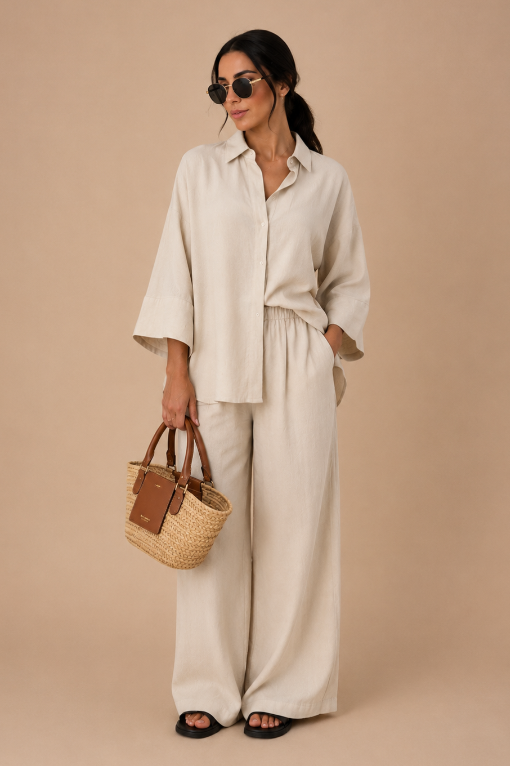 Conjunto Alfaiataria Camisa Manga Alongada e Calça Wide Leg Soft Valen