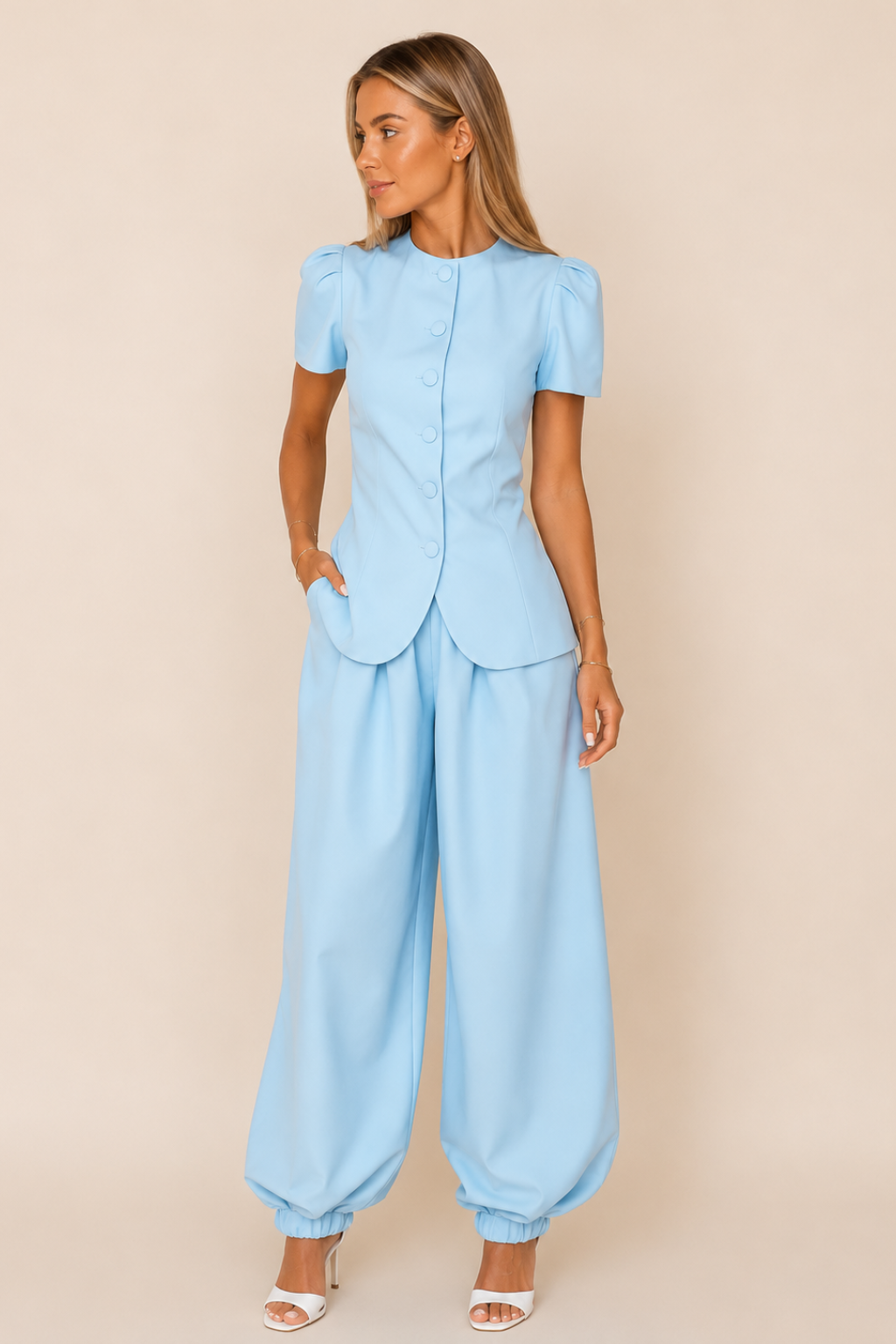 Conjunto Blusa Manga Curta Acinturada e Calça Ballon Lauren