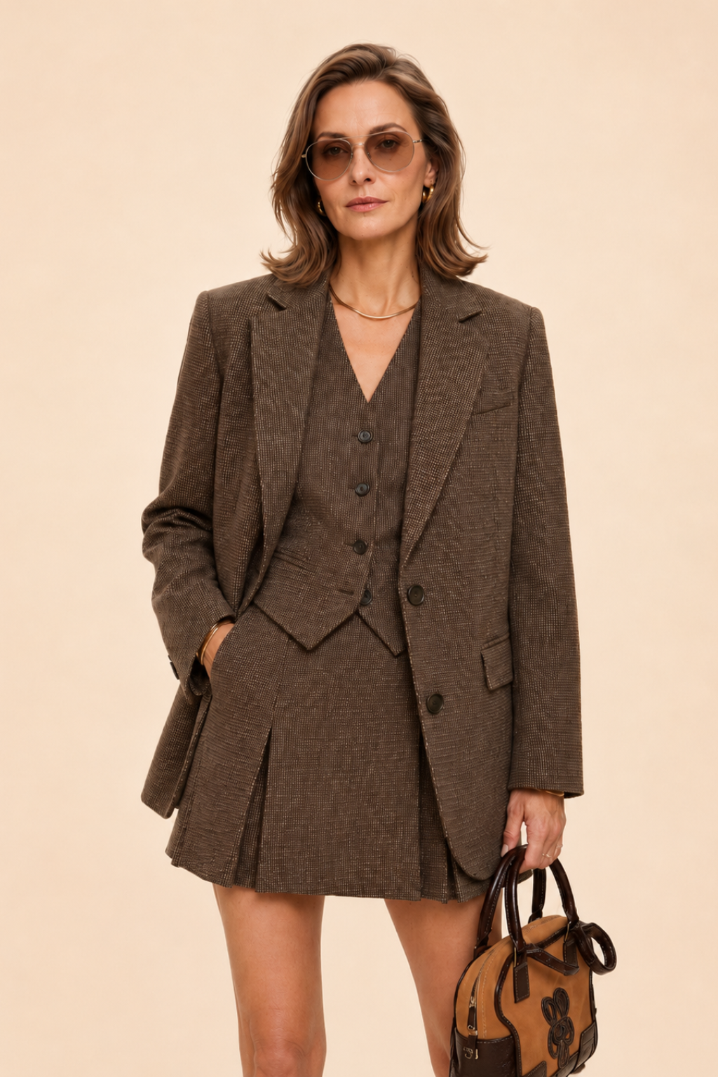 Conjunto Blazer Manga Longa com Colete e Saia Curta Office Katherine