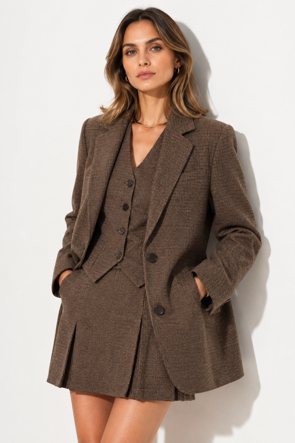 Conjunto Blazer Manga Longa com Colete e Saia Curta Office Katherine
