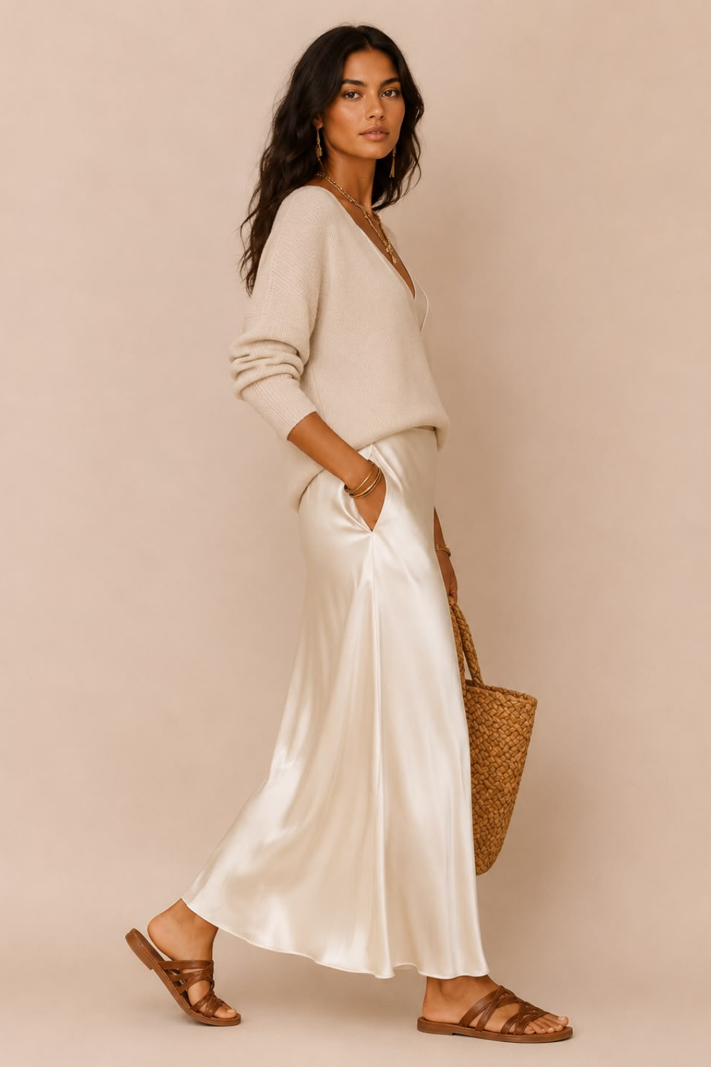 Vestido Midi Cetim Alça Fina com Suéter Decote V Julie