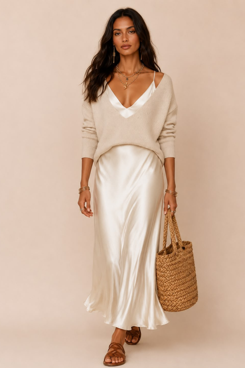 Vestido Midi Cetim Alça Fina com Suéter Decote V Julie