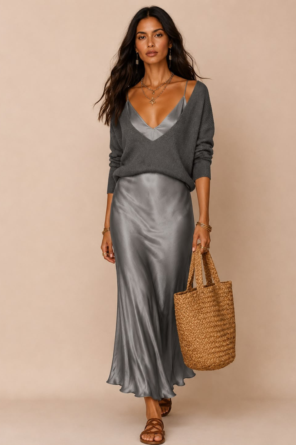 Vestido Midi Cetim Alça Fina com Suéter Decote V Julie