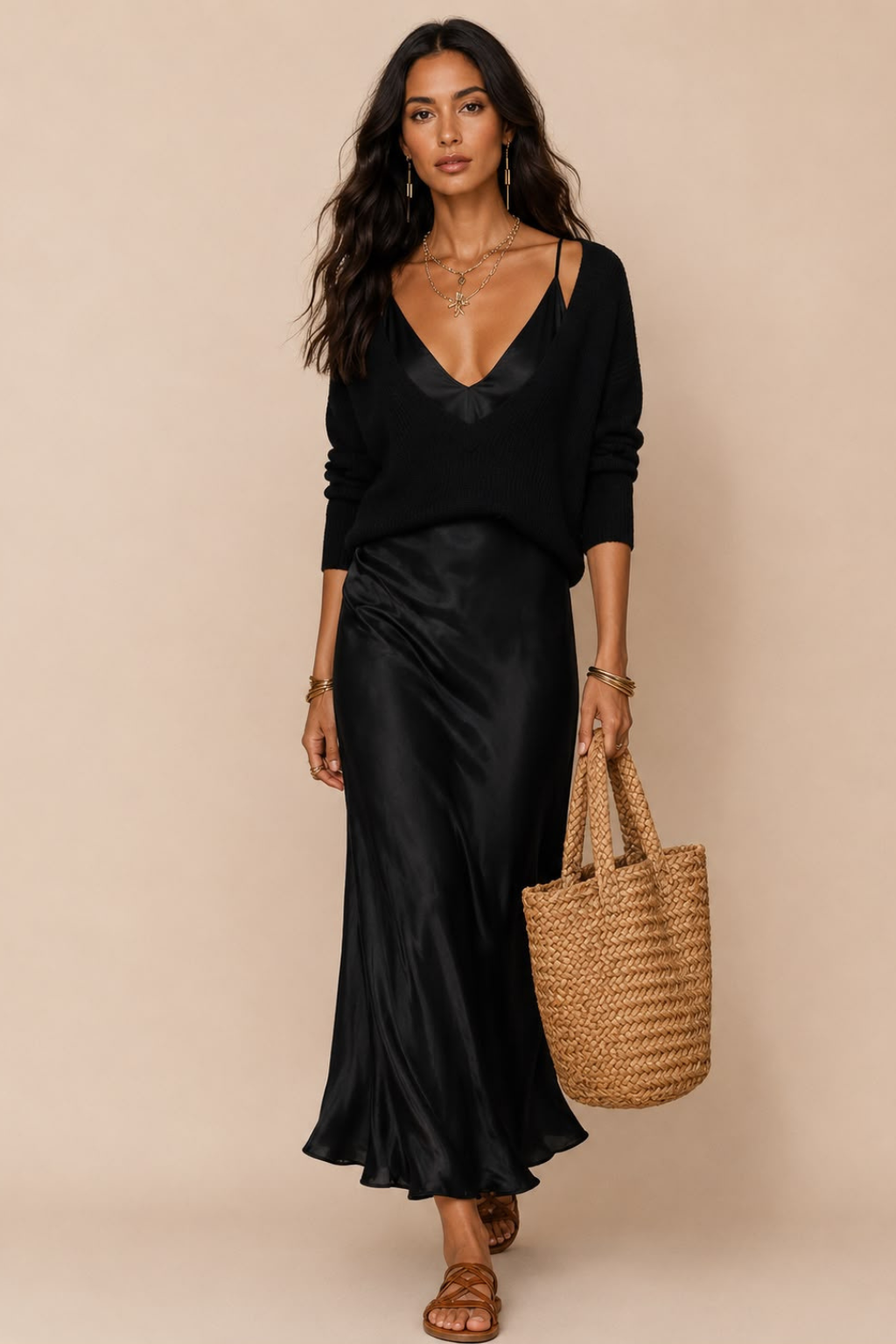 Vestido Midi Cetim Alça Fina com Suéter Decote V Julie