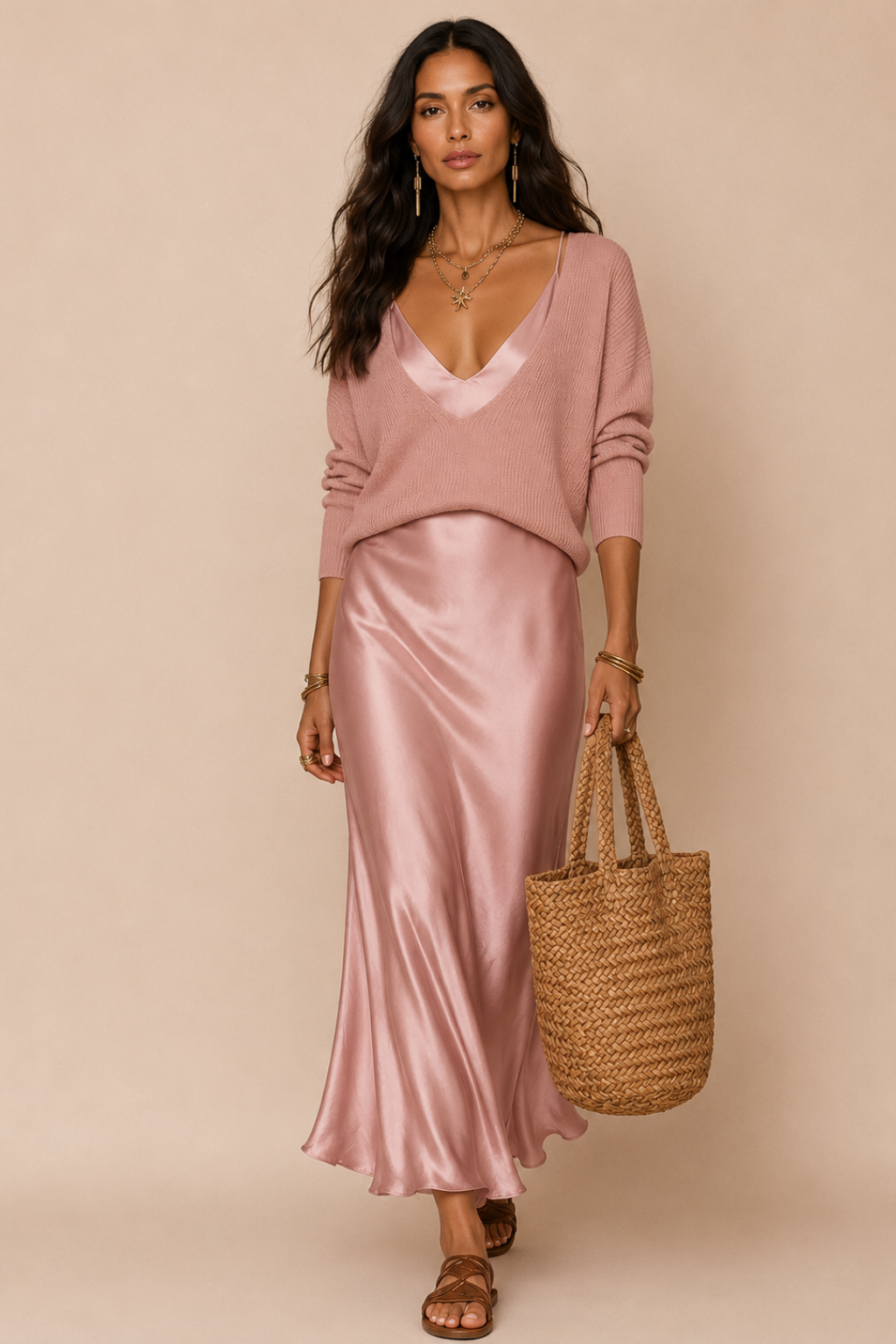 Vestido Midi Cetim Alça Fina com Suéter Decote V Julie