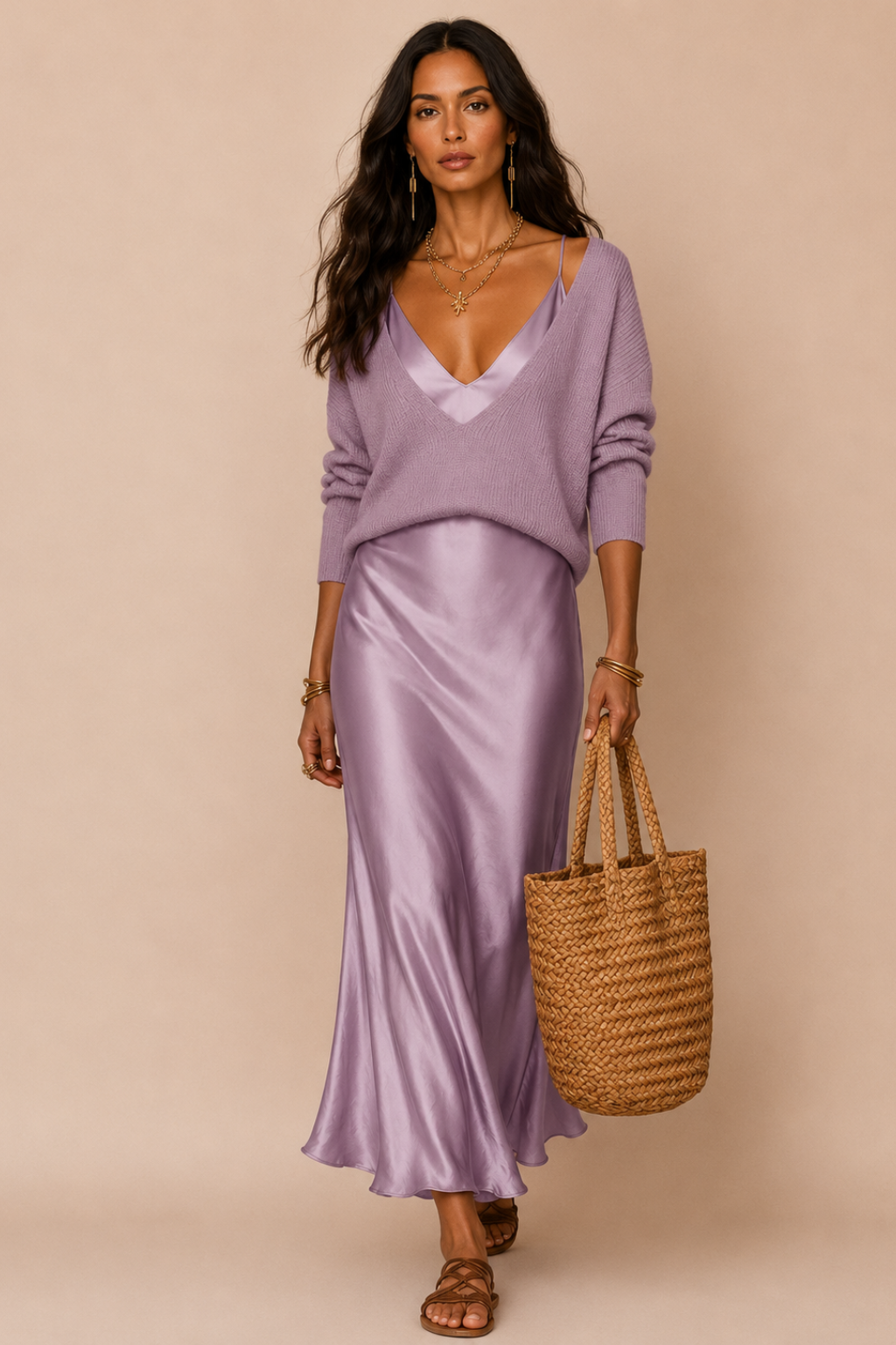 Vestido Midi Cetim Alça Fina com Suéter Decote V Julie