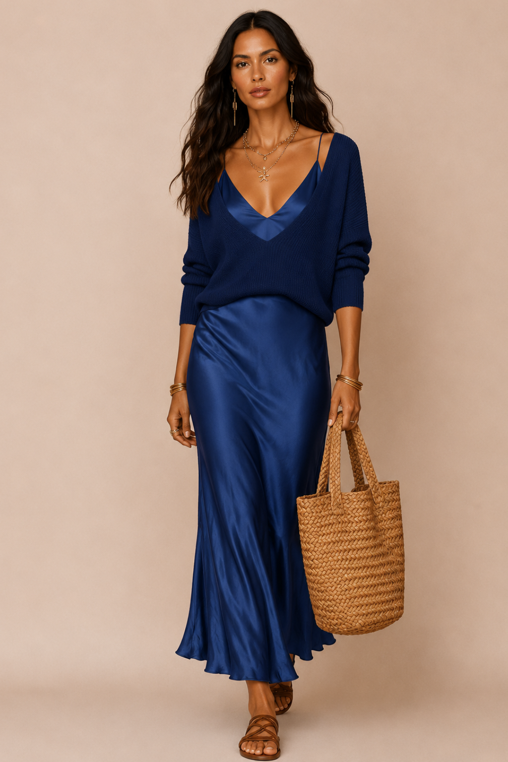 Vestido Midi Cetim Alça Fina com Suéter Decote V Julie