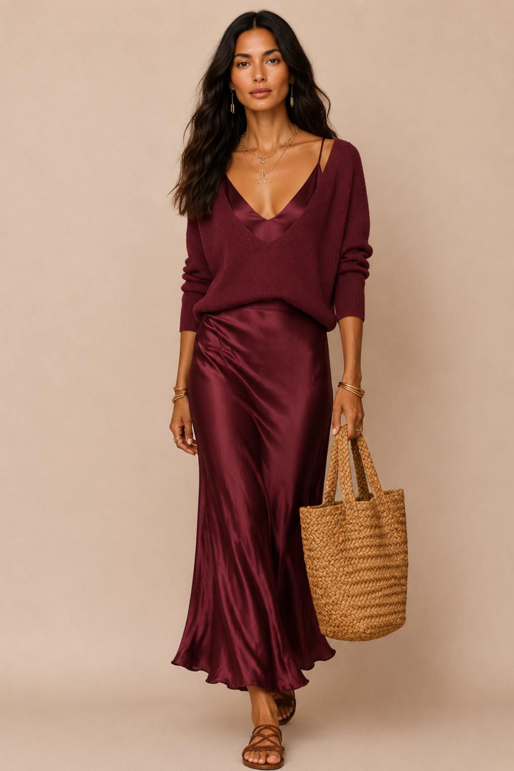 Vestido Midi Cetim Alça Fina com Suéter Decote V Julie