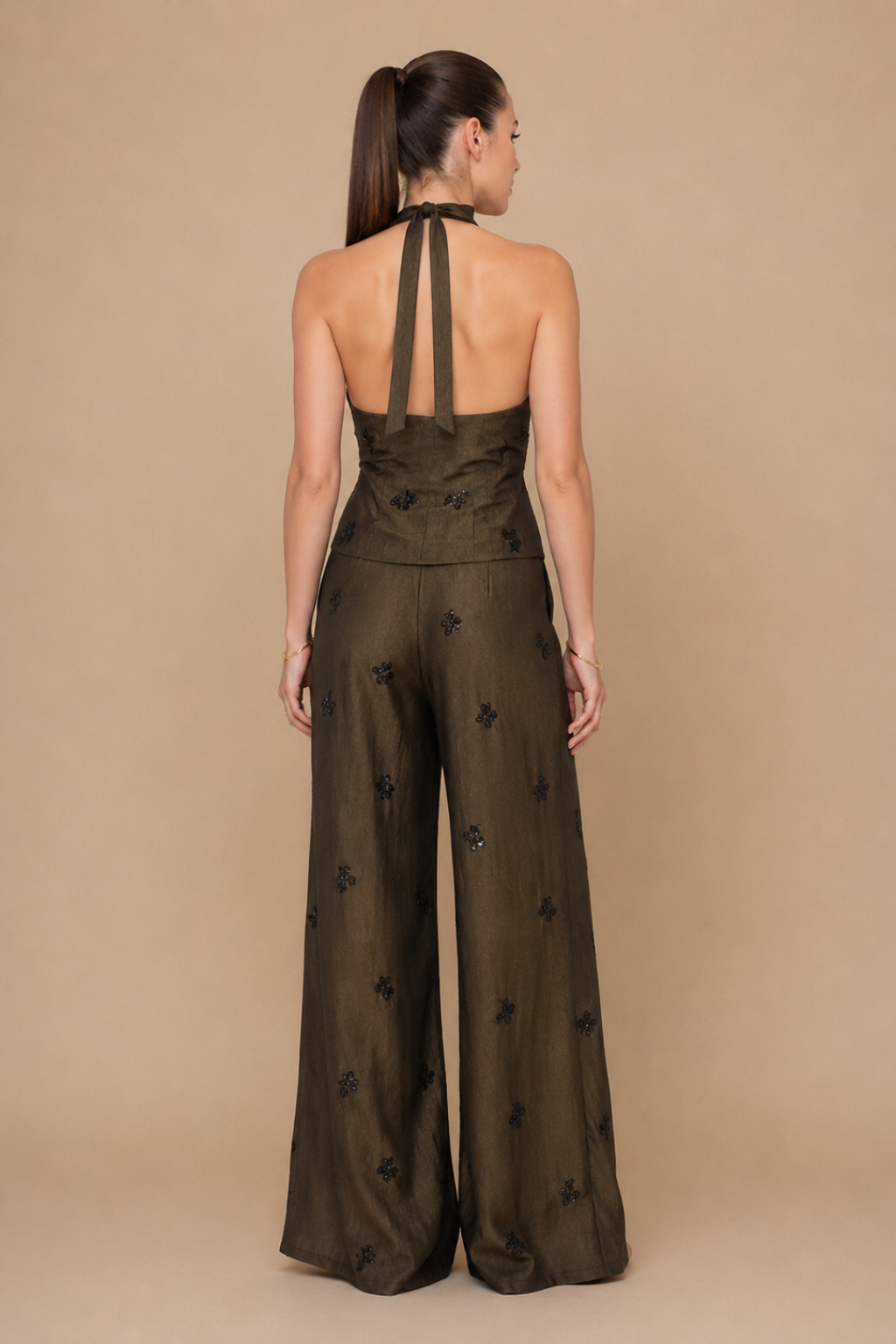Conjunto Pantalona e Blusa Halter Bordado Luxo Alessia