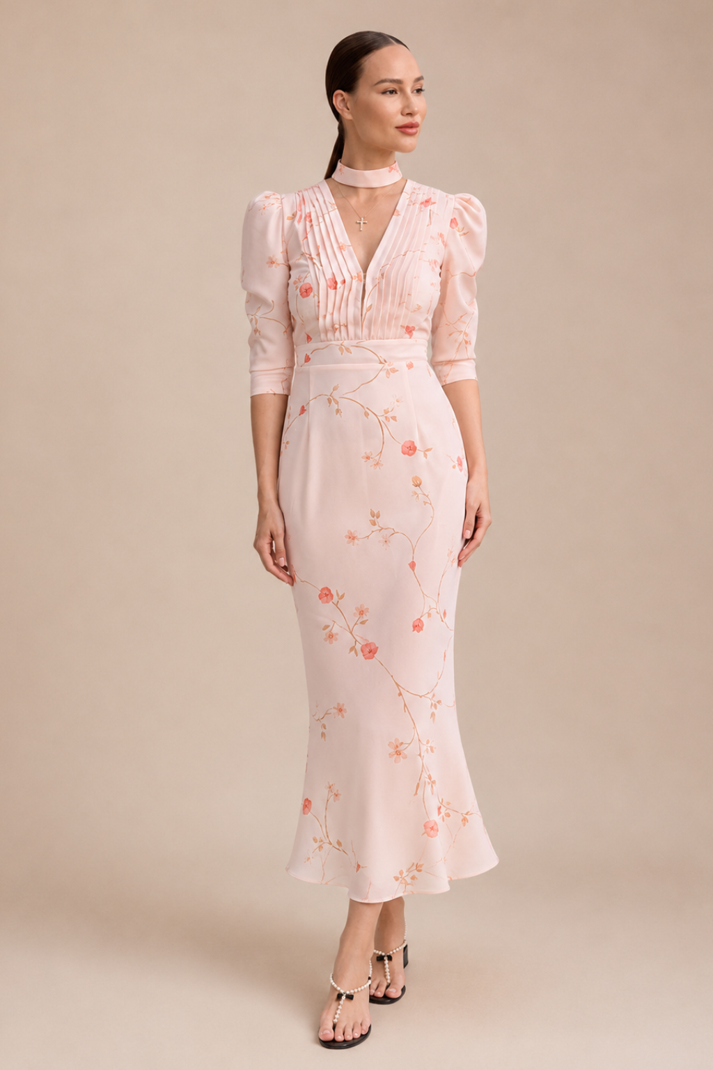 Vestido Midi Floral Manga Bufante Serena