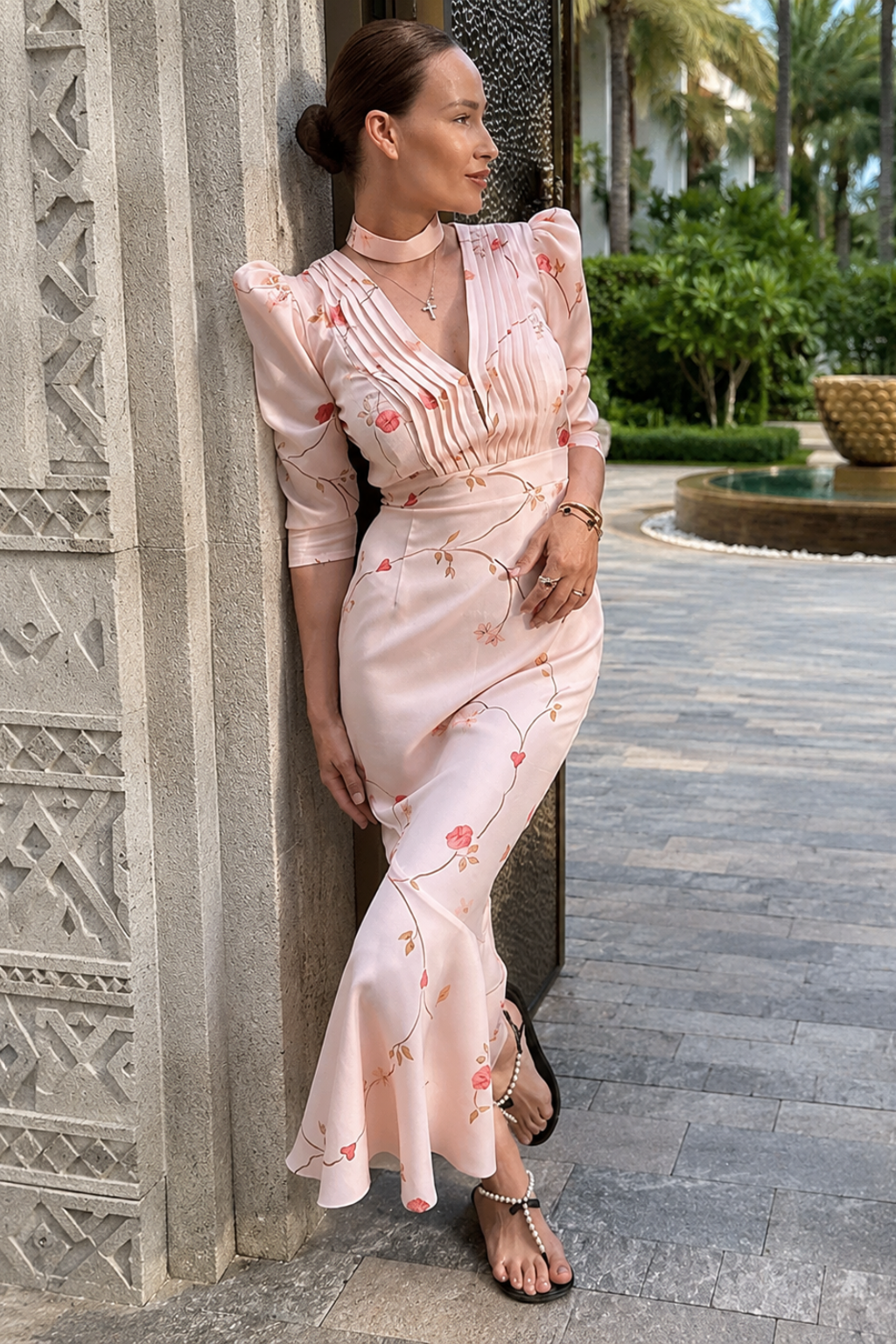 Vestido Midi Floral Manga Bufante Serena
