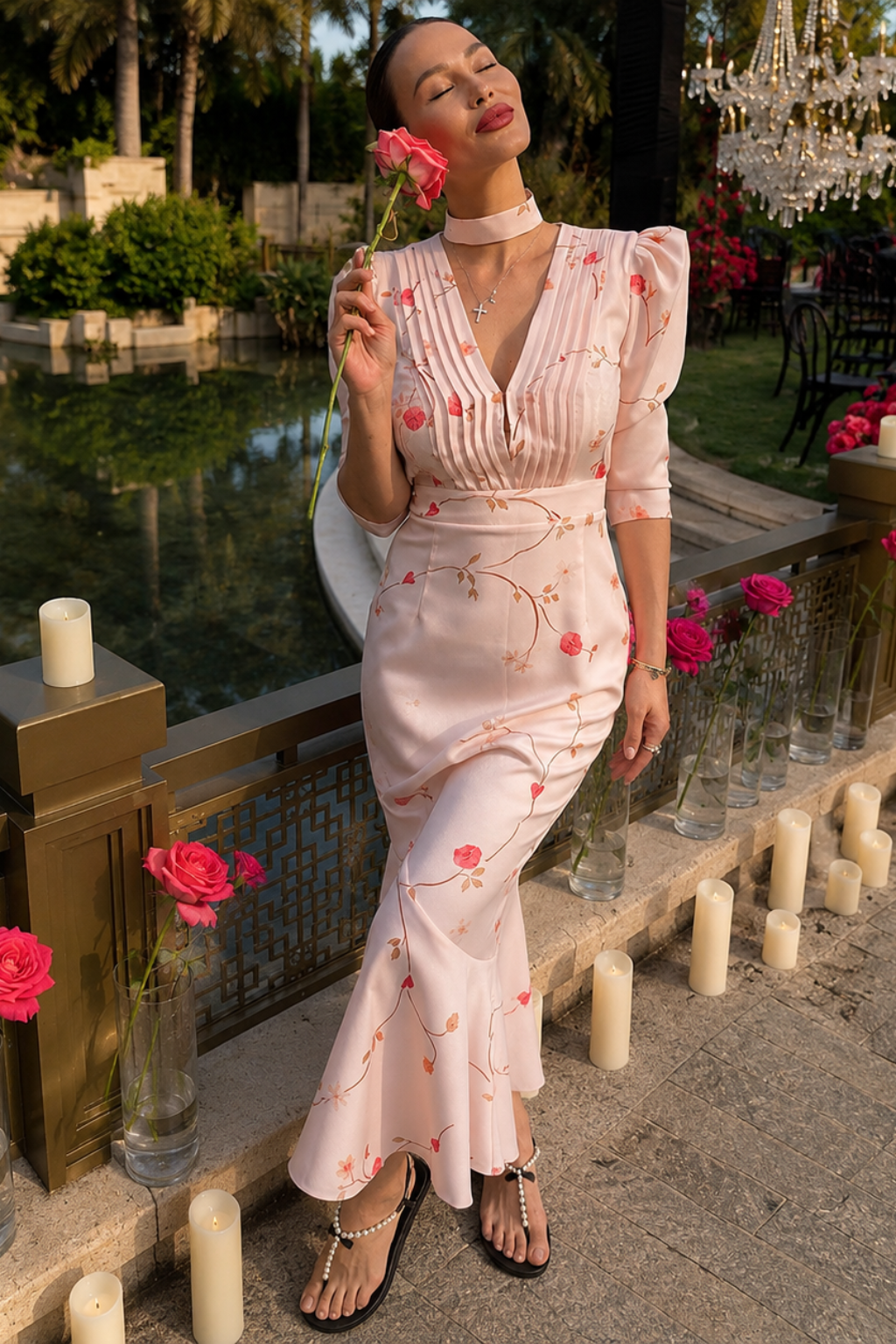 Vestido Midi Floral Manga Bufante Serena