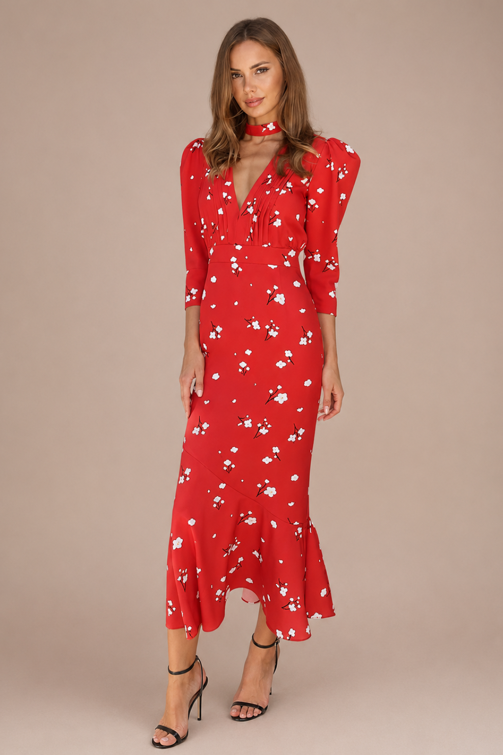 Vestido Midi Floral Manga Bufante Serena