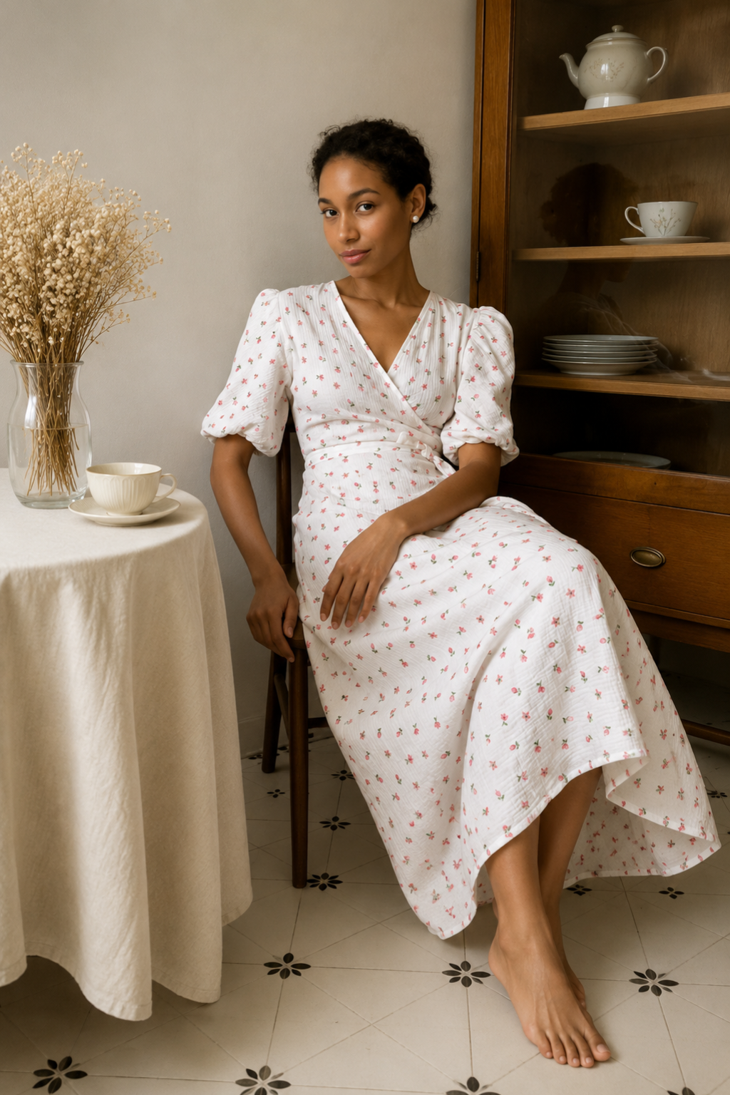 Vestido Midi Floral 100% Algodão Celine