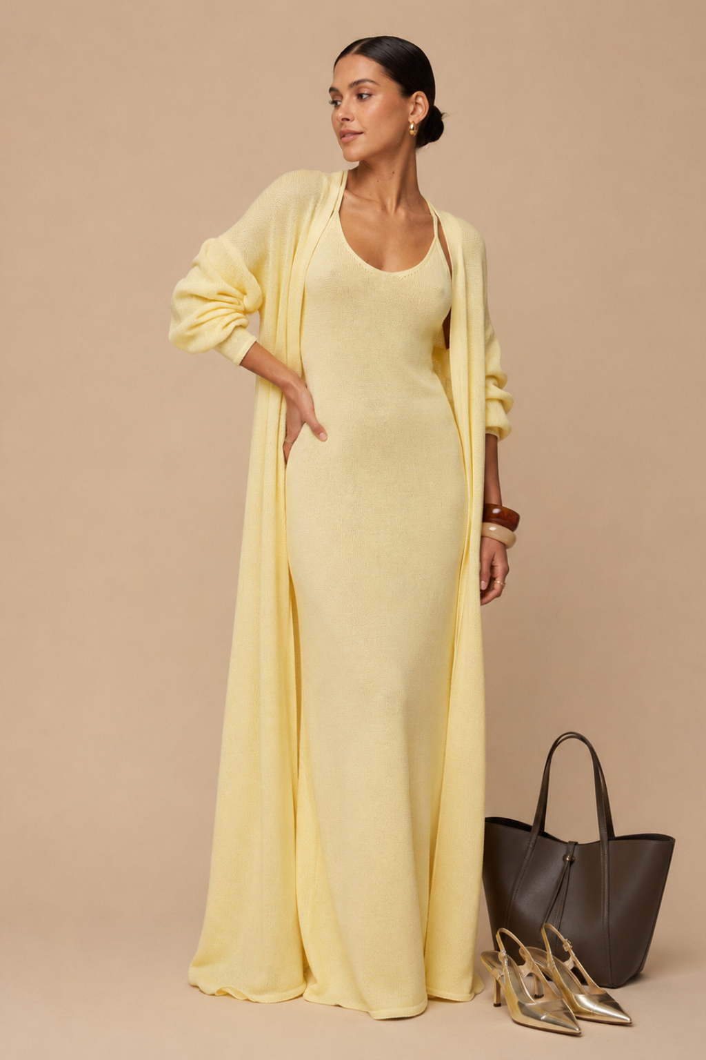 Vestido Tricot Longo com Cardigan Decote V Charlotte