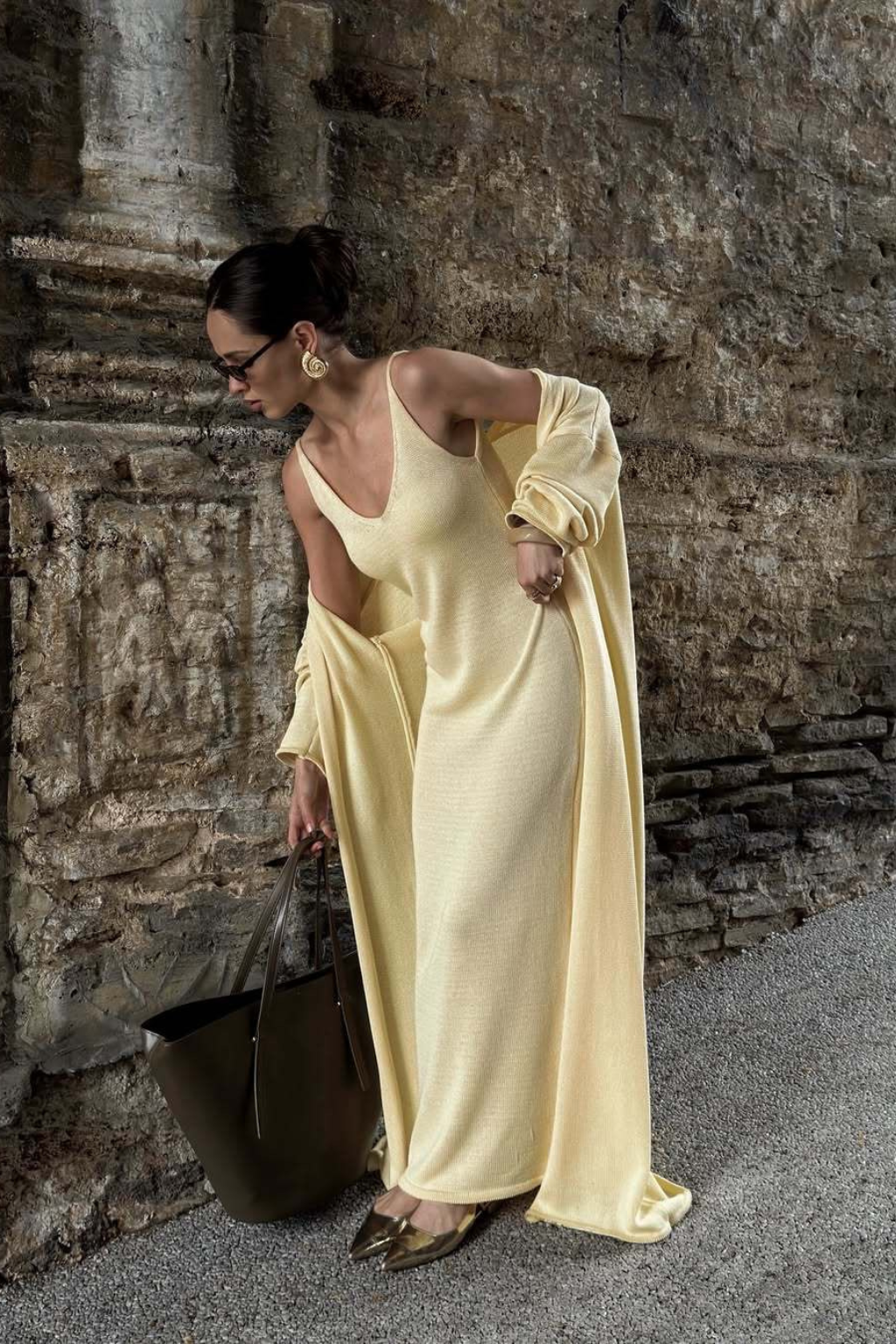 Vestido Tricot Longo com Cardigan Decote V Charlotte