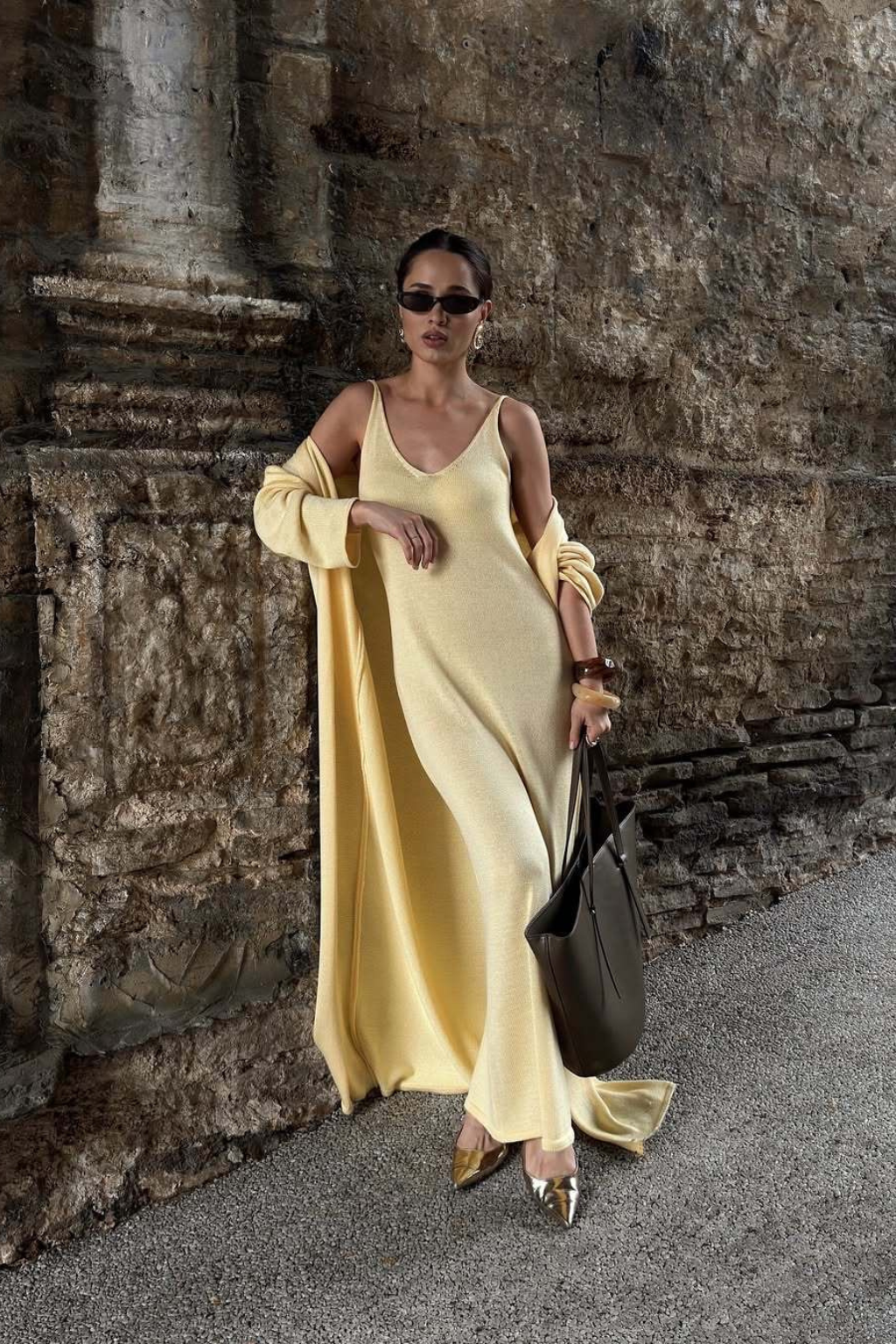 Vestido Tricot Longo com Cardigan Decote V Charlotte