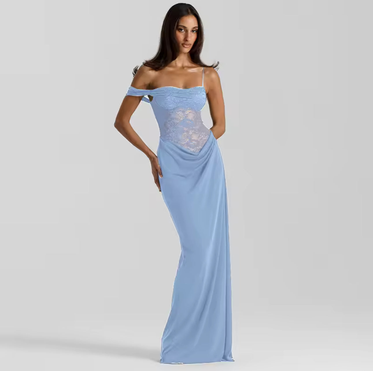 Vestido Longo Assimétrico Marrom Renda Loane