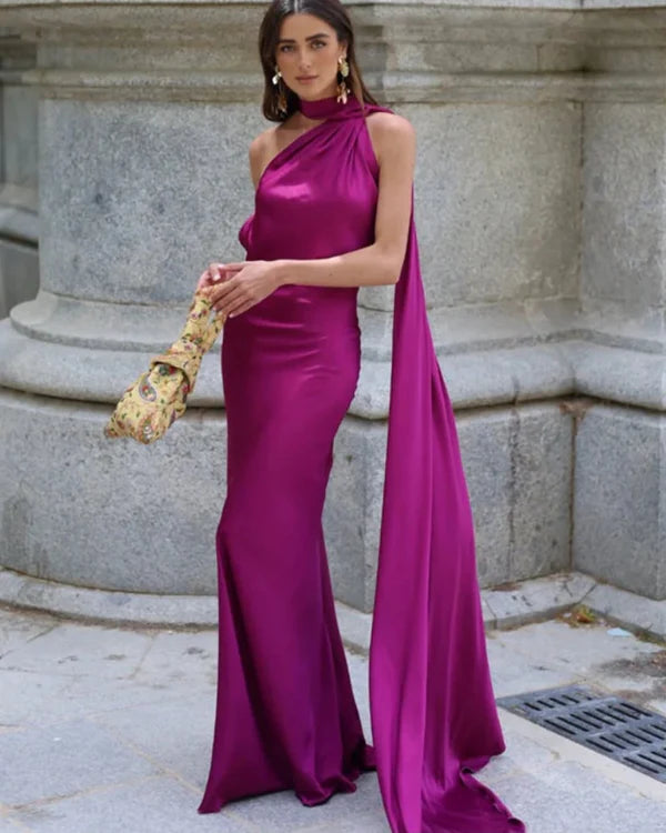 Vestido Longo Azul Acetinado Um Ombro Só Rebeca