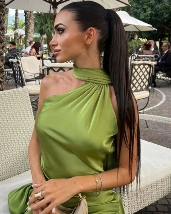 Vestido Longo Azul Acetinado Um Ombro Só Rebeca