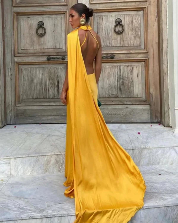 Vestido Longo Azul Acetinado Um Ombro Só Rebeca