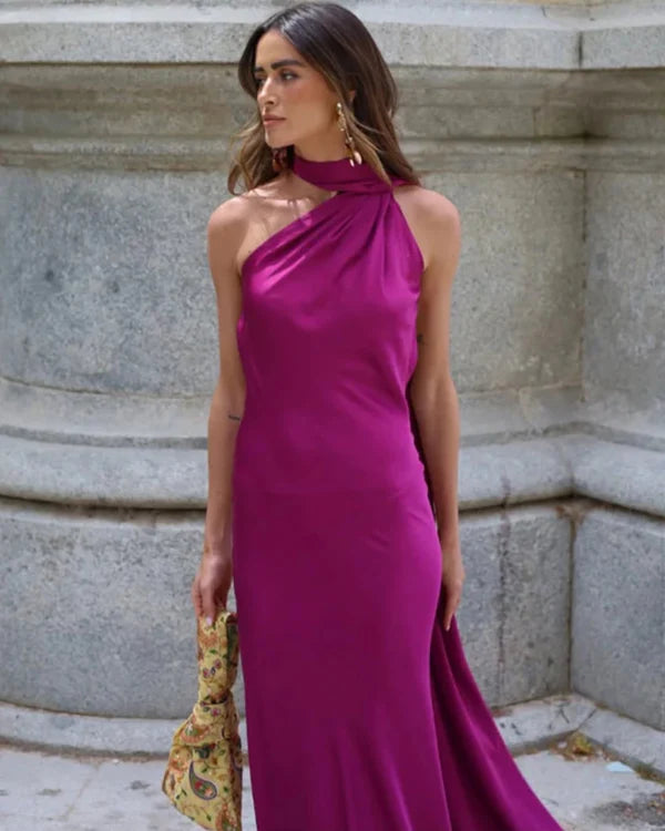 Vestido Longo Azul Acetinado Um Ombro Só Rebeca