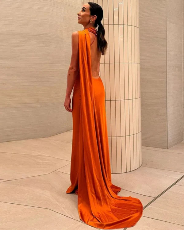 Vestido Longo Azul Acetinado Um Ombro Só Rebeca