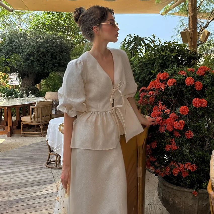 Conjunto Algodão Saia Longa e Camisa de Amarração com Decote V Naomi