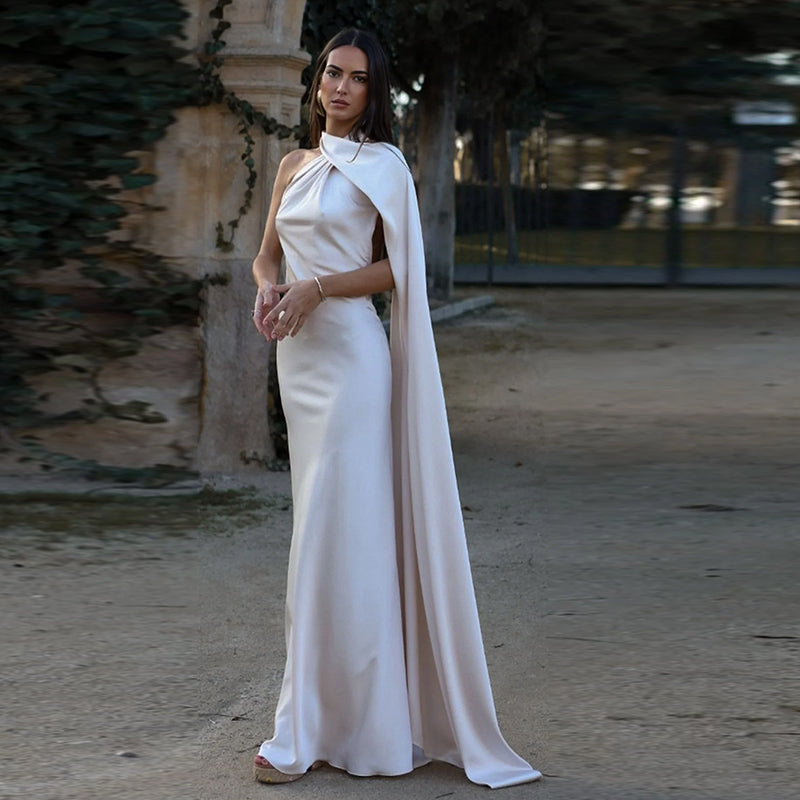 Vestido Longo Azul Acetinado Um Ombro Só Rebeca