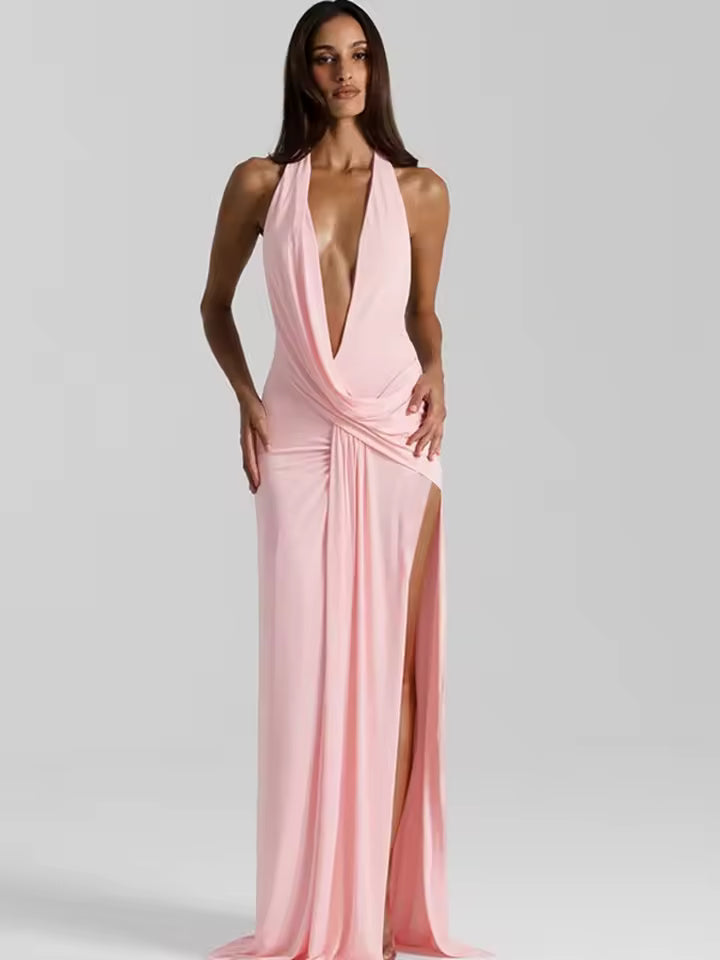 Vestido Longo Amarelo Decote Profundo Halter Letícia