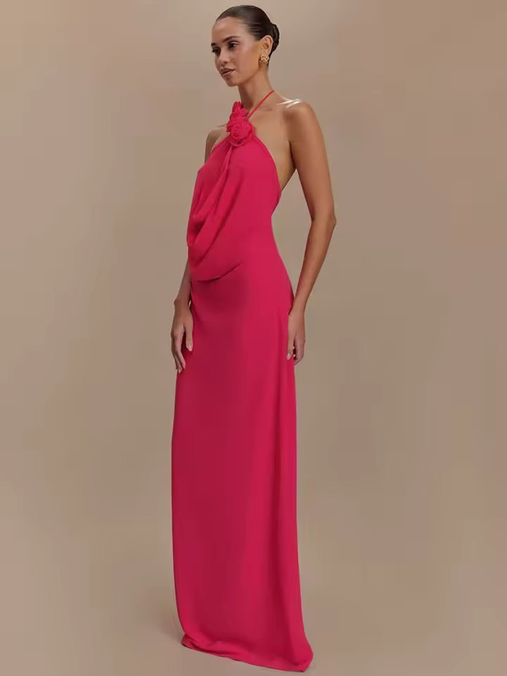 Vestido Longo Rosa Halter Drapeado Amélia
