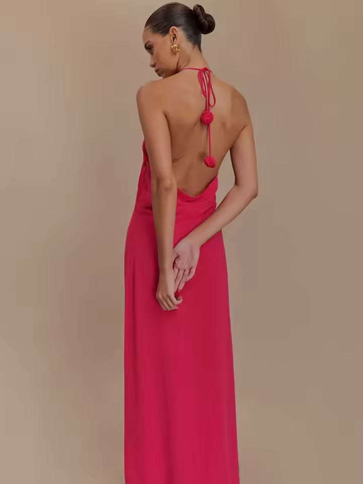 Vestido Longo Rosa Halter Drapeado Amélia