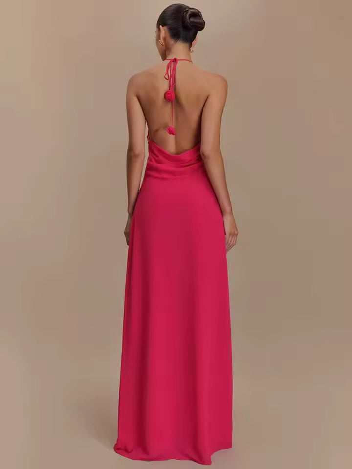 Vestido Longo Rosa Halter Drapeado Amélia
