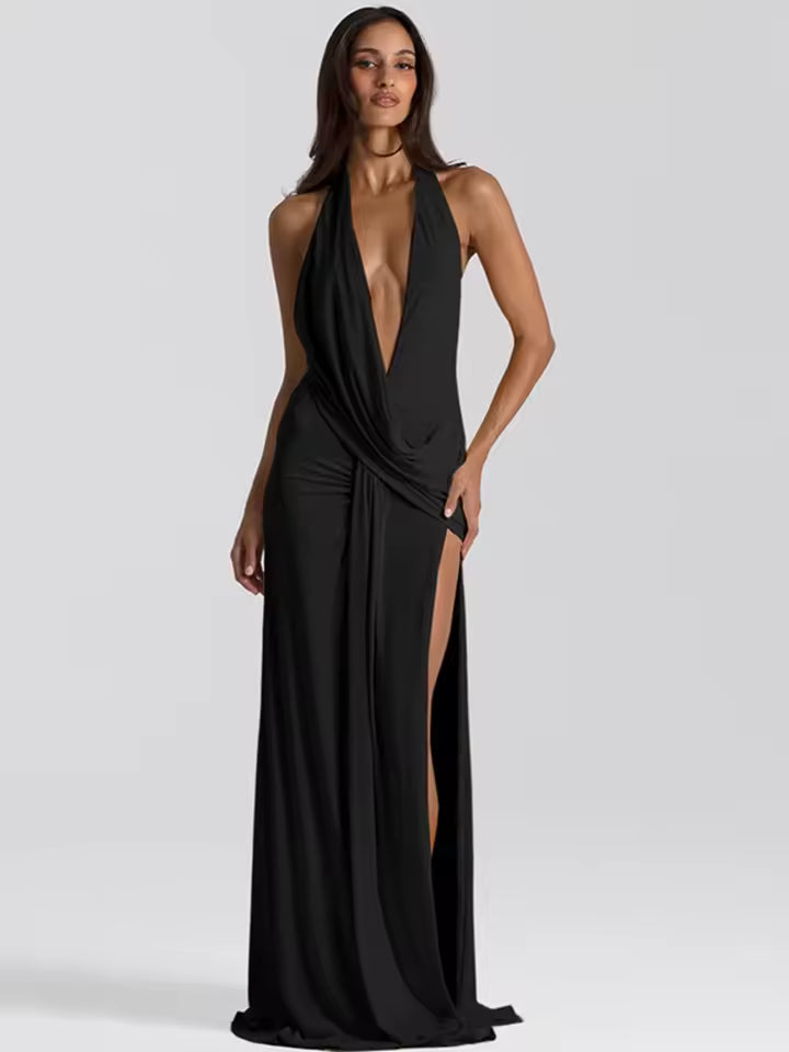 Vestido Longo Amarelo Decote Profundo Halter Letícia