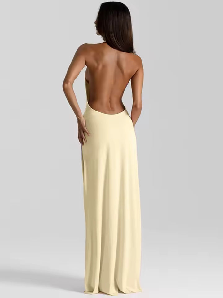 Vestido Longo Amarelo Decote Profundo Halter Letícia