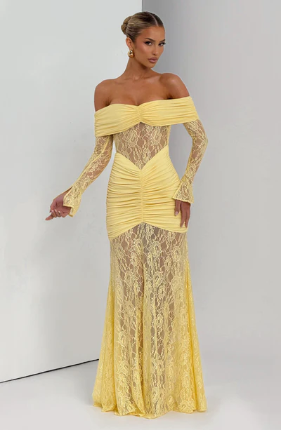 Vestido Longo Ombro a Ombro de Renda Pauline