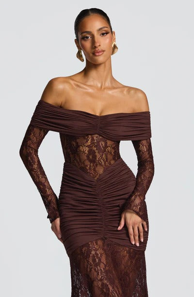 Vestido Longo Ombro a Ombro de Renda Pauline