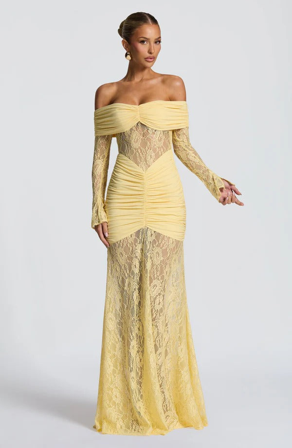 Vestido Longo Ombro a Ombro de Renda Pauline