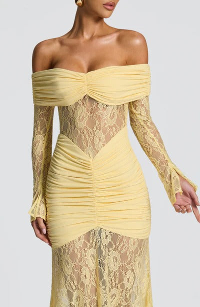 Vestido Longo Ombro a Ombro de Renda Pauline