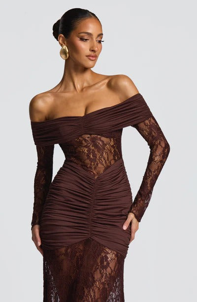 Vestido Longo Ombro a Ombro de Renda Pauline