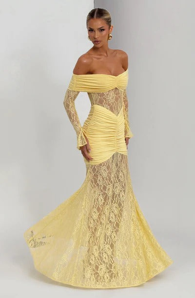 Vestido Longo Ombro a Ombro de Renda Pauline