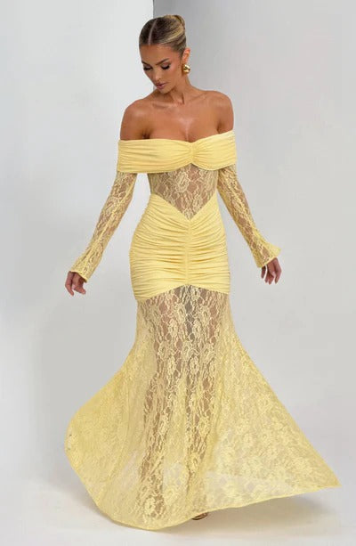 Vestido Longo Ombro a Ombro de Renda Pauline