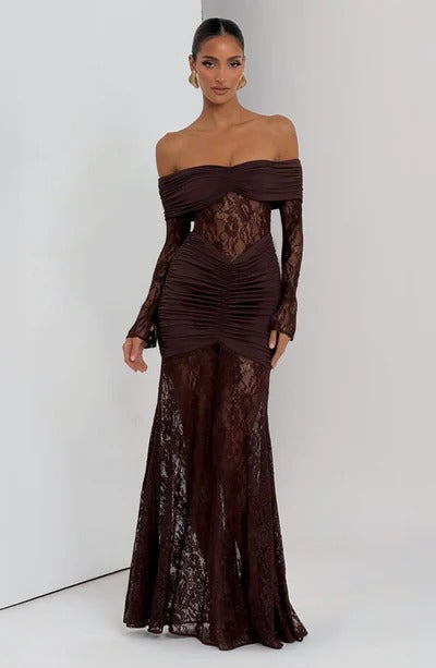 Vestido Longo Ombro a Ombro de Renda Pauline