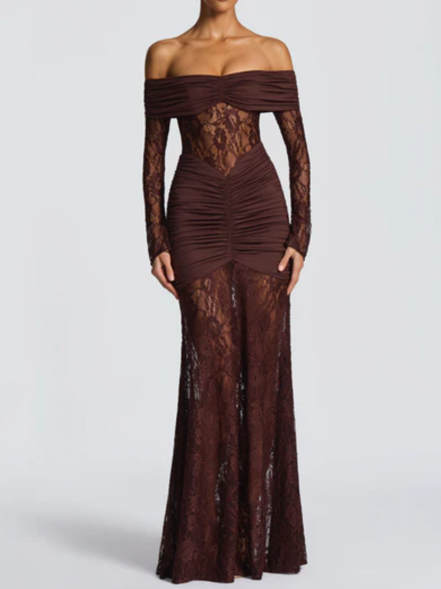 Vestido Longo Ombro a Ombro de Renda Pauline