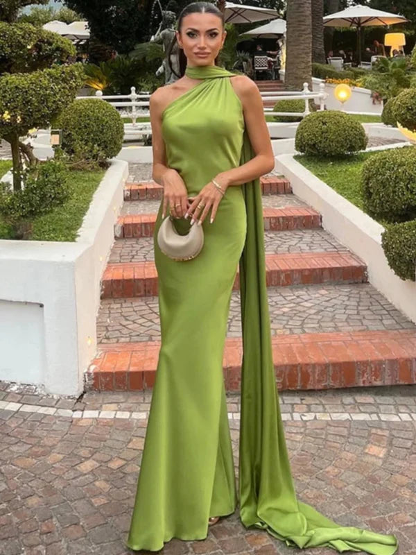 Vestido Longo Azul Acetinado Um Ombro Só Rebeca